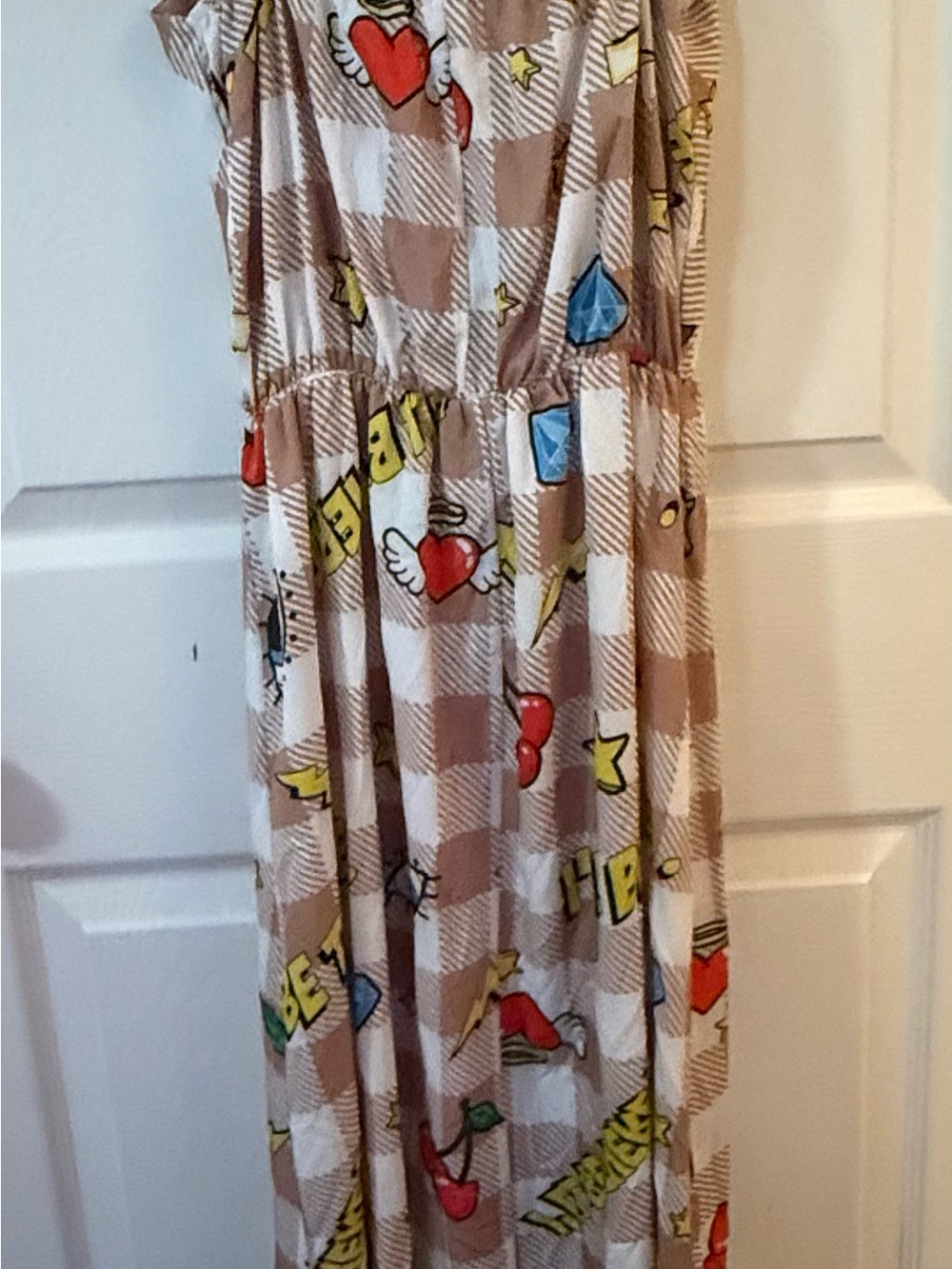 Beige Check Print Maxi Dress